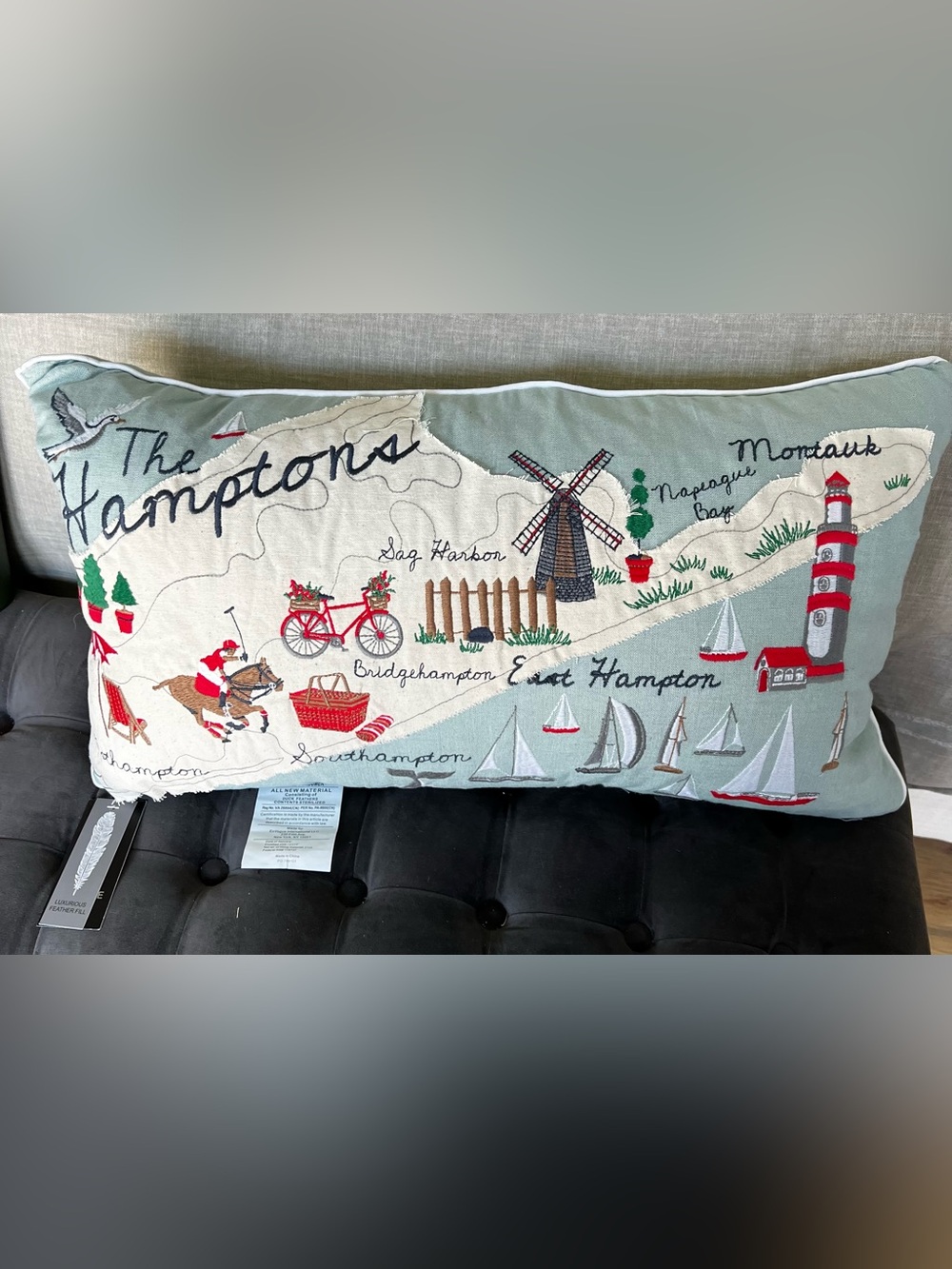NWT The Hamptons Embroidered Lumbar Map Pillow.
